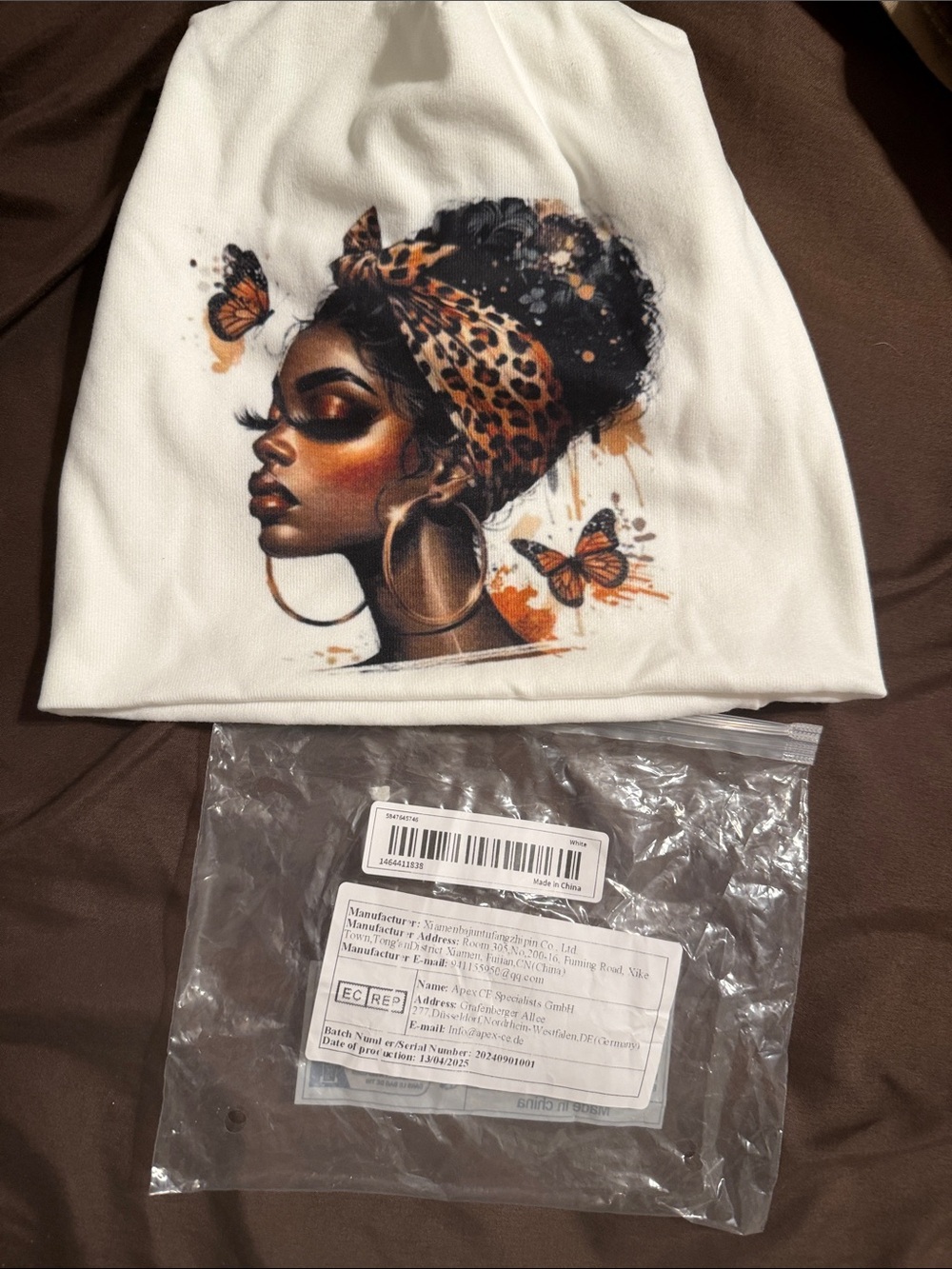 White Beanie with Artistic Black Woman Portrait and Leopard Headwrap - Picture 3 of 3
